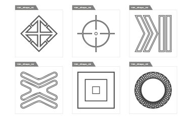 Vahşilik şekilleri. Soyut grafik geometrik sembollerin büyük bir koleksiyonu. Modern soyut formlar. Siyah arka planda izole edilmiş. Vektör illüstrasyonu