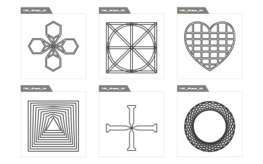 Vahşilik şekilleri. Soyut grafik geometrik sembollerin büyük bir koleksiyonu. Grafik dekorasyonu için elementler. Siyah arka planda izole edilmiş. Vektör illüstrasyonu