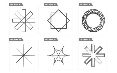 Vektör Grafik Varlıkları Ayarlandı. Geçmişe dönük grafik süslemeleri. Modern soyut formlar. Retro Futurist. Vektör illüstrasyonu