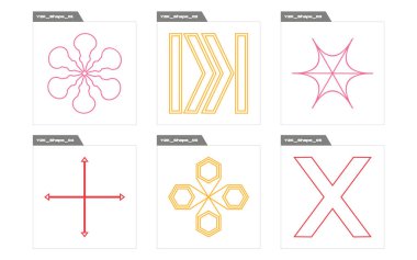 Tasarım için geçmişe dönük gelecek elementler. Çılgın psikedelik retro fütüristik set. Grafik dekorasyonu için elementler. Siyah arka planda izole edilmiş. Vektör illüstrasyonu