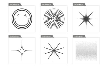 Vahşilik şekilleri. Moda geometrik postmodern figürler. Y-2k tarzında nesneler. Retro Futurist. Vektör illüstrasyonu