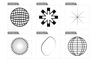 Nesnelerin Y2K biçim vektörleri kümesi. Olağanüstü Grafik Varlıkları. Modern tişörtler için tasarlanmış. Siyah arka planda izole edilmiş. Vektör illüstrasyonu