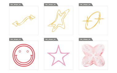 Y2K elementlerinin toplanması. Olağanüstü Grafik Varlıkları. Modern tişörtler için tasarlanmış. Siyah arka planda izole edilmiş. Vektör illüstrasyonu