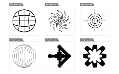 Tasarım için geçmişe dönük gelecek elementler. Tasarım için büyük bir retro nesne seti. Grafik dekorasyonu için elementler. Siyah arka planda izole edilmiş. Vektör illüstrasyonu
