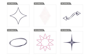 Nesnelerin Y2K biçim vektörleri kümesi. Acımasızlık yıldızları ve çiçek şekilleri. Modern soyut formlar. Fütürist. Vektör illüstrasyonu