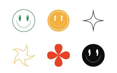 Nesnelerin Y2K biçim vektörleri kümesi. Acımasızlık yıldızları ve çiçek şekilleri. Modern soyut formlar. Yıldızlar, yıldız patlaması. Vektör illüstrasyonu