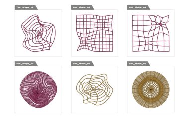 Tasarım için geçmişe dönük gelecek elementler. Soyut grafik geometrik sembollerin büyük bir koleksiyonu. Düz minimalist simgeler. Tasarım karşıtı. Vektör illüstrasyonu