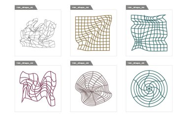 Nesnelerin Y2K biçim vektörleri kümesi. Geçmişe dönük grafik süslemeleri. Modern soyut formlar. Retro Futurist. Vektör illüstrasyonu