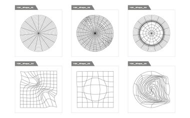 Nesnelerin Y2K biçim vektörleri kümesi. Soyut grafik geometrik sembollerin büyük bir koleksiyonu. Y-2k tarzında nesneler. Siyah arka planda izole edilmiş. Vektör illüstrasyonu