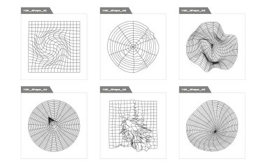 Nesnelerin Y2K biçim vektörleri kümesi. Soyut grafik geometrik sembollerin büyük bir koleksiyonu. Notlar için şablonlar, posterler. Yıldızlar, yıldız patlaması. Vektör illüstrasyonu