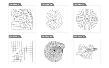 Nesnelerin Y2K biçim vektörleri kümesi. Moda geometrik postmodern figürler. Modern tişörtler için tasarlanmış. Siyah arka planda izole edilmiş. Vektör illüstrasyonu