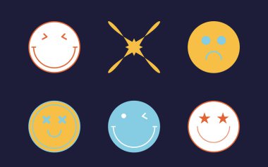 Tasarım için geçmişe dönük gelecek elementler. Soyut grafik geometrik sembollerin büyük bir koleksiyonu. Düz minimalist simgeler. Yıldızlar, yıldız patlaması. Vektör illüstrasyonu