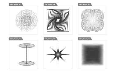 Tasarım için geçmişe dönük gelecek elementler. Moda geometrik postmodern figürler. Y-2k tarzında nesneler. Tasarım karşıtı. Vektör illüstrasyonu