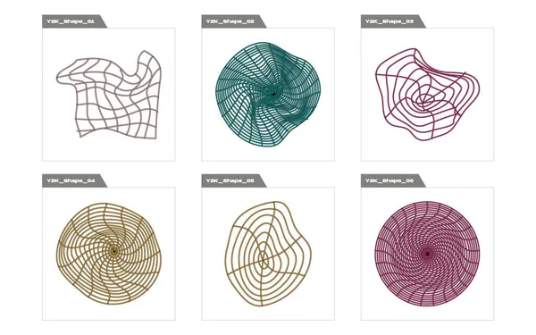 Nesnelerin Y2K biçim vektörleri kümesi. Çılgın psikedelik retro fütüristik set. Modern soyut formlar. Siyah arka planda izole edilmiş. Vektör illüstrasyonu