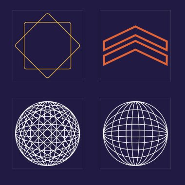 Nesnelerin Y2K biçim vektörleri kümesi. Moda geometrik postmodern figürler. Düz minimalist simgeler. Fütürist. Vektör illüstrasyonu