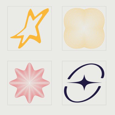 Nesnelerin Y2K biçim vektörleri kümesi. Acımasızlık yıldızları ve çiçek şekilleri. Modern soyut formlar. Siyah arka planda izole edilmiş. Vektör illüstrasyonu