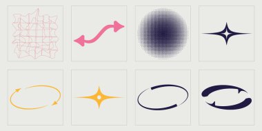 Nesnelerin Y2K biçim vektörleri kümesi. Geçmişe dönük grafik süslemeleri. Notlar için şablonlar, posterler. Fütürist. Vektör illüstrasyonu