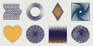 Tasarım için geçmişe dönük gelecek elementler. Soyut grafik geometrik sembollerin büyük bir koleksiyonu. Y-2k tarzında nesneler. Yıldızlar, yıldız patlaması. Vektör illüstrasyonu
