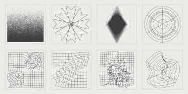 Vektör Grafik Varlıkları Ayarlandı. Soyut grafik geometrik sembollerin büyük bir koleksiyonu. Modern tişörtler için tasarlanmış. Fütürist. Vektör illüstrasyonu