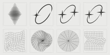 Y2K elementlerinin toplanması. Moda geometrik postmodern figürler. Düz minimalist simgeler. Tasarım karşıtı. Vektör illüstrasyonu