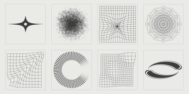 Y2K vektör kümesi. Moda geometrik postmodern figürler. Siberpunk elementleri. Fütürist. Vektör illüstrasyonu