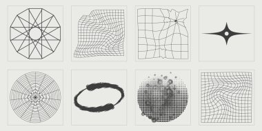 Y2K vektör kümesi. Soyut grafik geometrik sembollerin büyük bir koleksiyonu. Grafik dekorasyonu için elementler. Yıldızlar, yıldız patlaması. Vektör illüstrasyonu