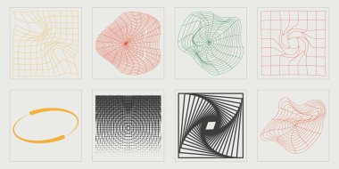 Y2K elementlerinin toplanması. Moda geometrik postmodern figürler. Notlar için şablonlar, posterler. Siyah arka planda izole edilmiş. Vektör illüstrasyonu