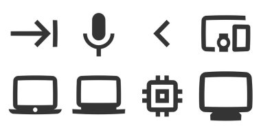 8 simge donanımı. İnce çizgi simgelerinin vektör çizimi. Modern moda tarzında. Doğrusal simgeler ayarlandı. İnce doldurulmuş simgeler paketi. Vektör illüstrasyonu