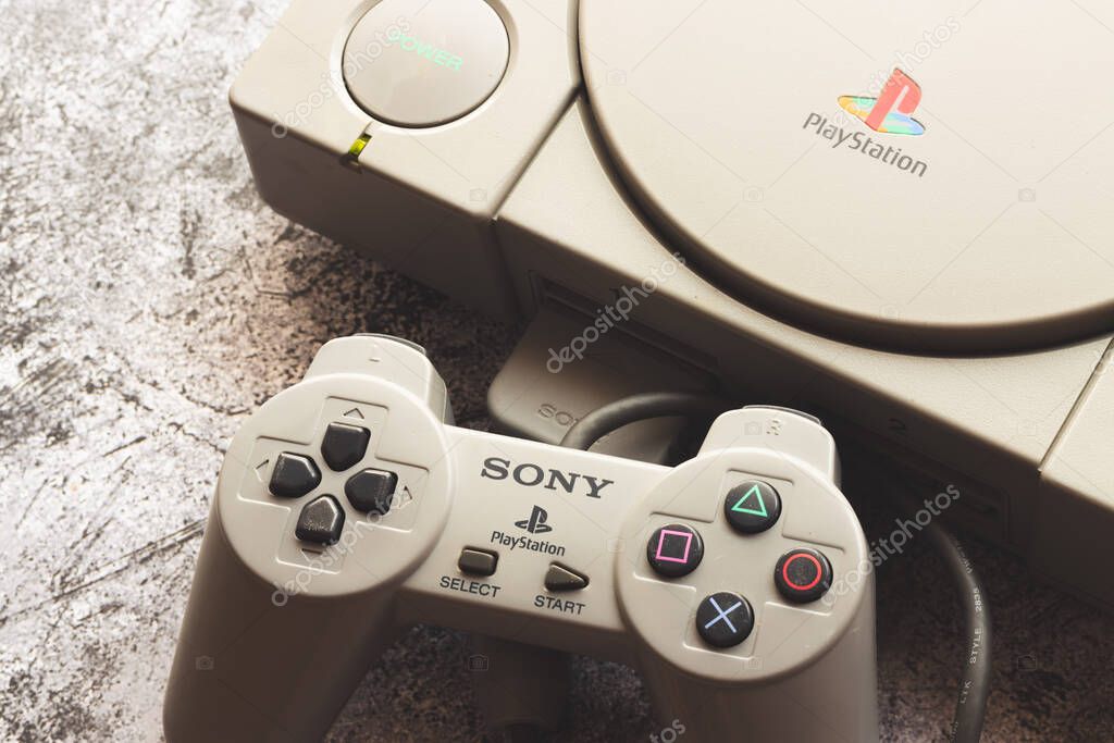 Barcelona, April 05, 2022 Old PlayStation console by Sony Entertainment. Illustrative, editorial.