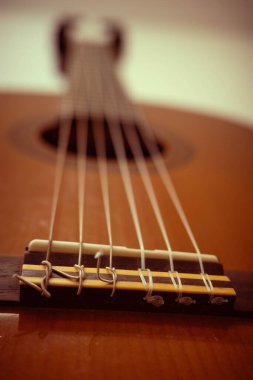 Bu resim gitar iplikçiklerinin ve köprünün yakın çekimini gösteriyor, müzikal sese katkı sağlayan karmaşık işçiliği ve malzemeleri vurguluyor.