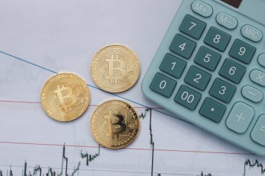 Şifreleme para yatırımı ve ticaret kavramlarını etkin bir şekilde göstermek için Bitcoin sikkeleri, bir hesap makinesi ve finansal analiz grafikleri içeren görsel bir temsili.