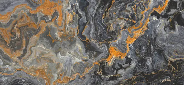 Black onyx marble pattern with curly orange veins. Abstract texture and background. 2D illustration