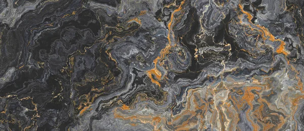 Black onyx marble pattern with curly orange veins. Abstract texture and background. 2D illustration
