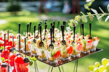 atıştırmalık ve aperatiflerle dolu büfe masası.