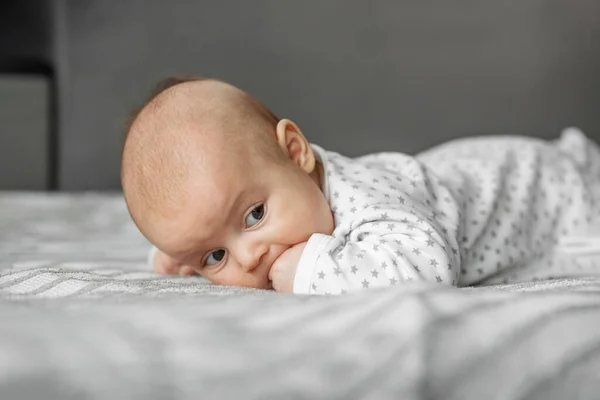 Child Care Concept Portrait Cute Little Baby Bodysuit Lying Blanket — Stock Photo, Image
