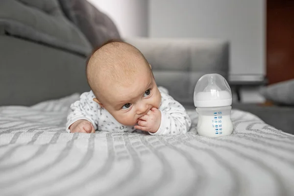 Child Care Concept Portrait Cute Little Baby Bodysuit Bottle Baby — Stock Photo, Image