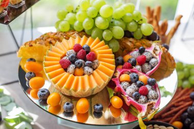 close-up of delicious dessert buffet table