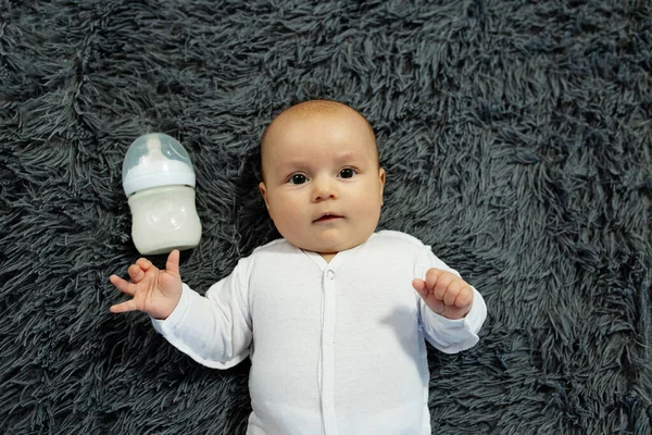 Child Care Concept Portrait Cute Little Baby Bodysuit Bottle Baby — Stock Photo, Image