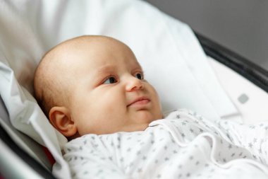 Yeni doğan kavramı. Bebek salıncağında sallanan bebeğin yakın portresi.