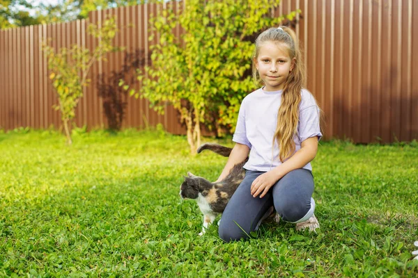 Holčička Hraje Kočkou Dvorku Slunečný Den Dětství Pojetí Domácích Mazlíčků — Stock fotografie
