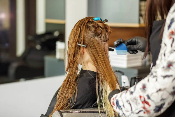 Coiffeur Applique Couleur Aux Cheveux Longs Jeune Femme Dans Salon — Photo