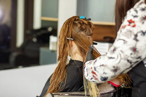 Coiffeur Applique Couleur Aux Cheveux Longs Jeune Femme Dans Salon — Photo