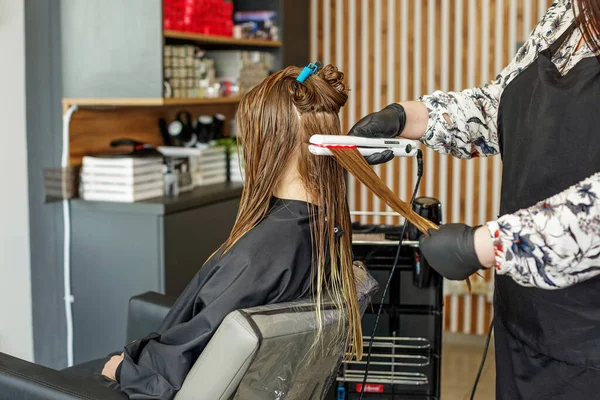 Hairdresser pulls client hair, after washing head, applying nutrients to hair and straightening long hair using straightener, botox hair, restoring and nourishing hair.