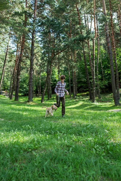 Gen Teenagerjunge Läuft Mit Hund Durch Wald Laufen Freien Haustierkonzept — Stockfoto