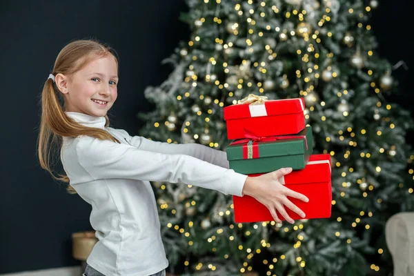Preteen Child Gift Boxes Room Concept New Year Merry Christmas — Stock Photo, Image