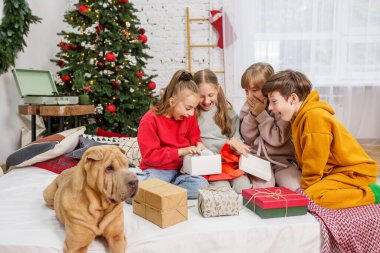 Çocuklar evde sihirli Noel hediyelerini açıyor. Boks Günü.