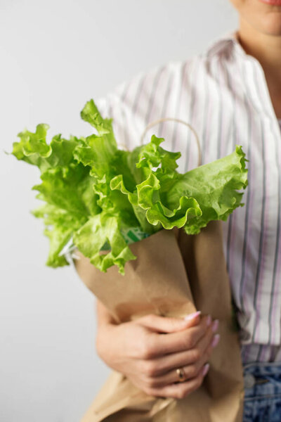 Carrying a healthy bag. Female hands hold a packet with lettuce on a gray background. Grocery bag with Fresh and healthy groceries in a woman hand.