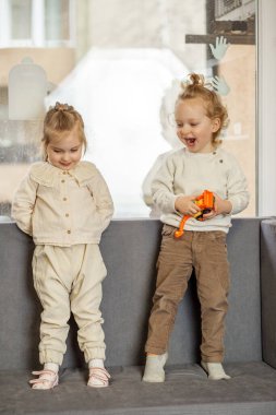 Birinde neşeli bir ifade olan iki küçük çocuk, evde gri bir kanepede dururken oyuncaklarla oynuyorlar..