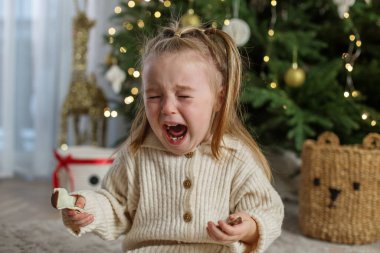 Sıcak süveter giymiş küçük bir kız, güzel dekore edilmiş Noel ağacının yanında yere oturur. Ağlıyor, elinde bir parça şeker tutuyor, duygularla dolu dokunaklı bir tatil anı yaratıyor..