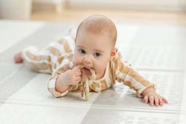 Çizgili pijamalarıyla karnının üzerine uzanmış, silikon bir diş çıkarma oyuncağını çiğneyen bir bebek..